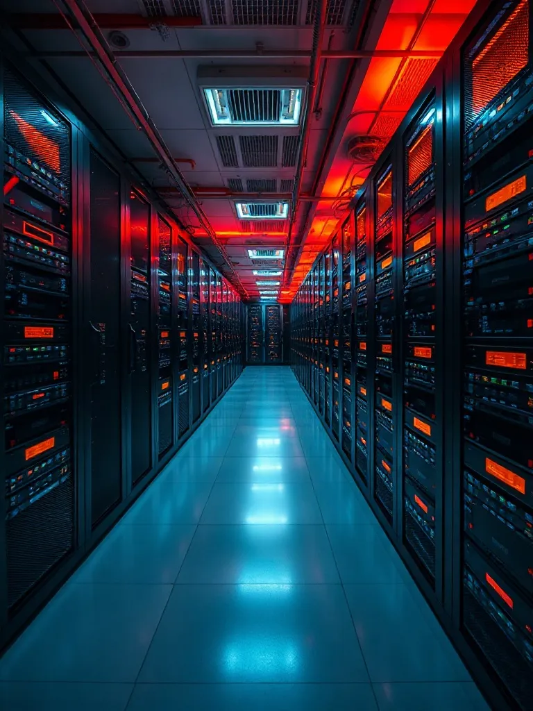 High-tech server room with glowing orange led lights, massiv
